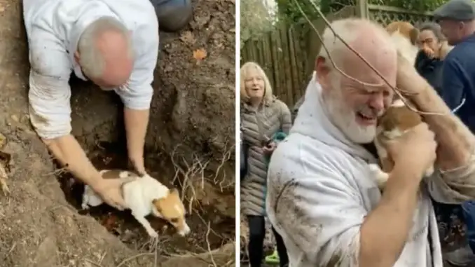 Man in tears after pulling his missing dog from a fox hole